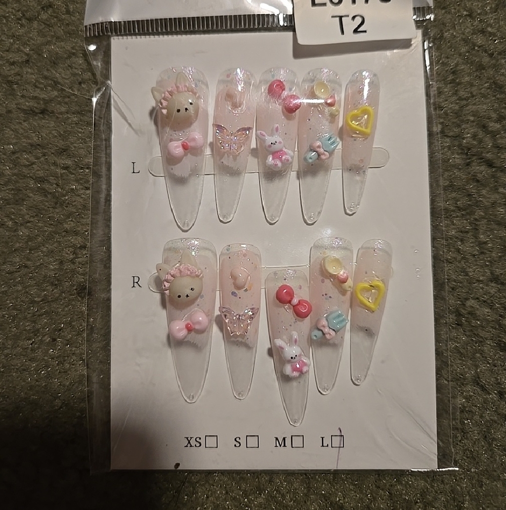 Kawaii 3D Decal Press-On Nail Set in Pastel Pink & Yellow